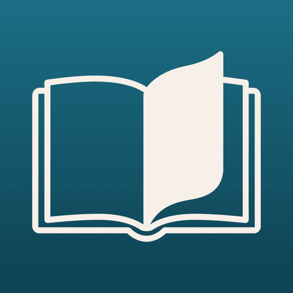 The Elbook app icon: a cream open book on a deep teal gradient.