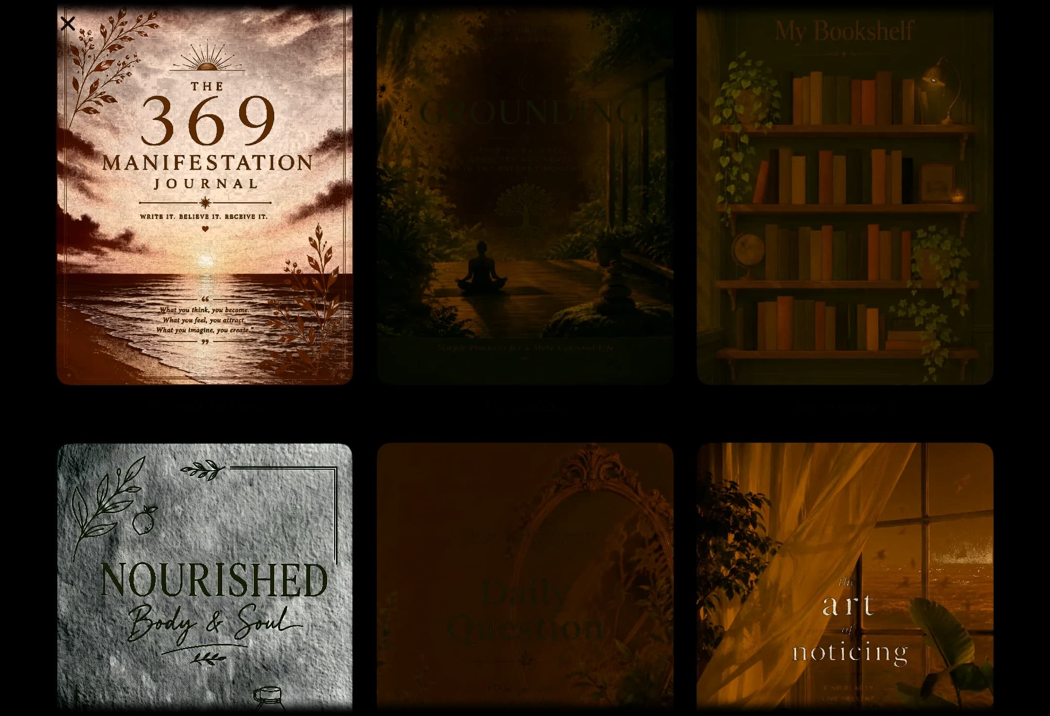 Elbook's Template Gallery: designed journal covers laid out in a grid, the bottom row running off the edge of the screen.