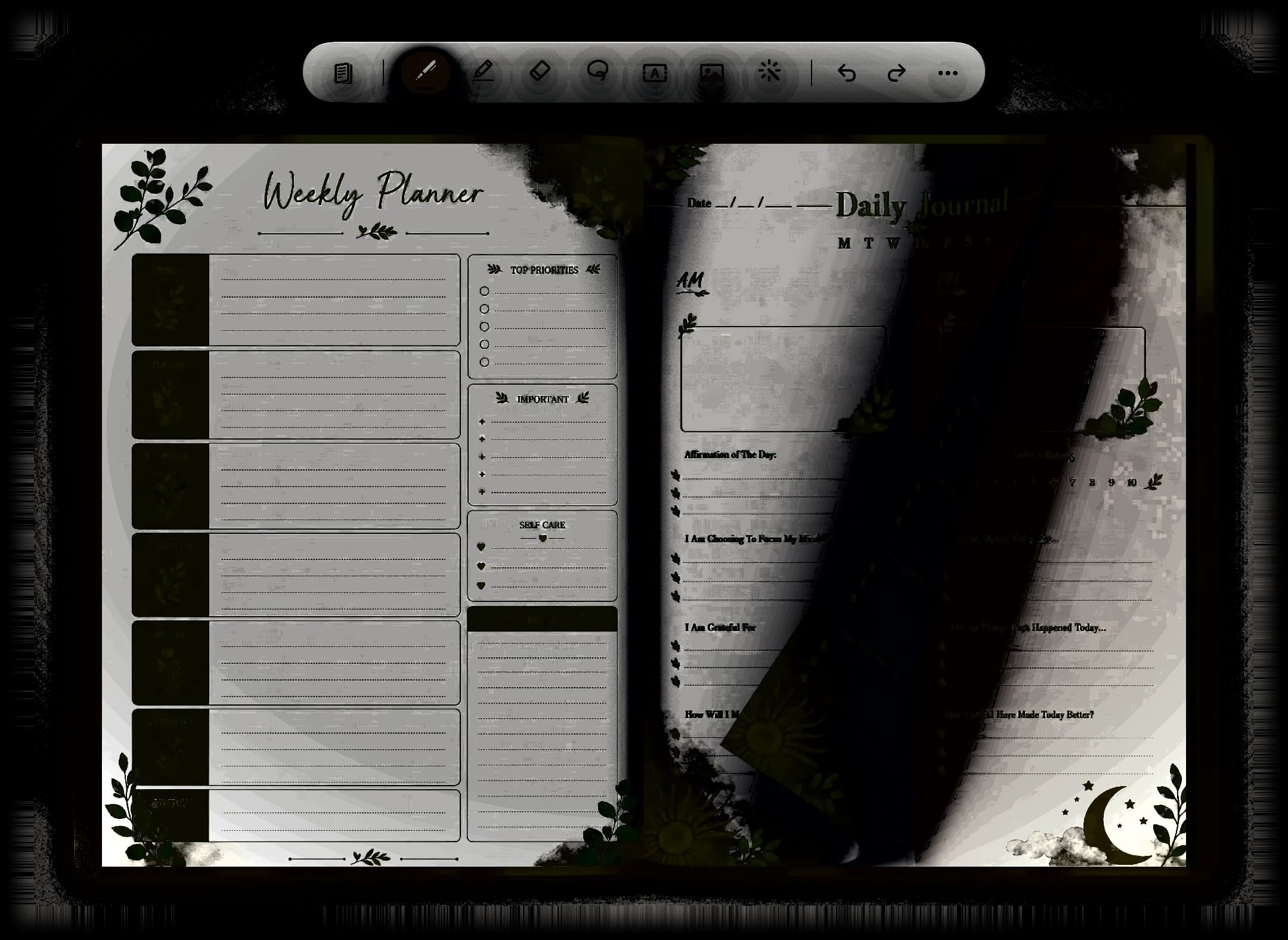 Elbook open in landscape on an iPad: a Weekly Planner spread beside a Daily Journal, botanical template art on both pages, and the right-hand page caught mid-turn with its shadow falling across the page beneath. The floating tool pill sits above the book.